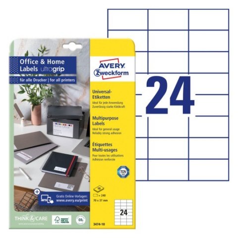 Etykiety białe ULTRAGRIP 70x37mm (10 arkuszy = 240 etykiet) 3474-10 AVERY ZWECKFORM