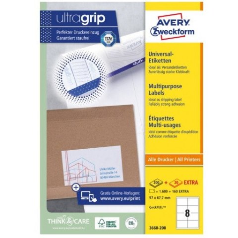 Etykiety białe ULTRAGRIP 97x67,7mm (200 arkuszy = 1600 etykiet) 3660-200 AVERY ZWECKFORM