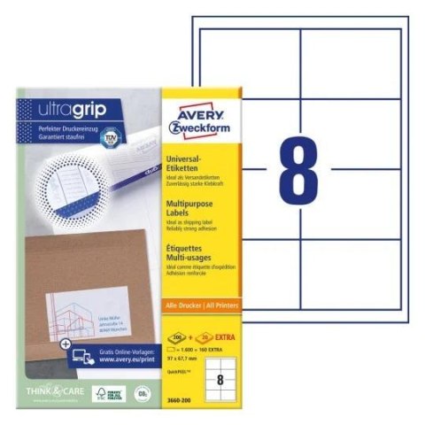 Etykiety białe ULTRAGRIP 97x67,7mm (200 arkuszy = 1600 etykiet) 3660-200 AVERY ZWECKFORM