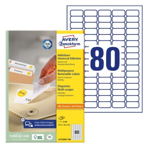 Etykiety białe usuwalne 35,6x16,9mm (100 arkuszy = 8000 etykiet) L4732REV-100 AVERY ZWECKFORM