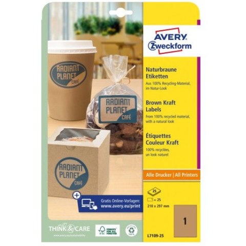 Etykiety ekologiczne brązowe 210x297mm (25 arkuszy=25 etykiet) L7109-25 AVERY ZWECKFORM