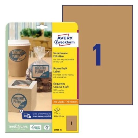 Etykiety ekologiczne brązowe 210x297mm (25 arkuszy=25 etykiet) L7109-25 AVERY ZWECKFORM