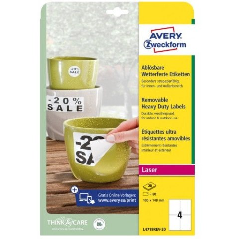 Etykiety foliowe białe 105x148mm (20 arkuszy=80etykiet) L4719REV-20 AVERY ZWECKFORM