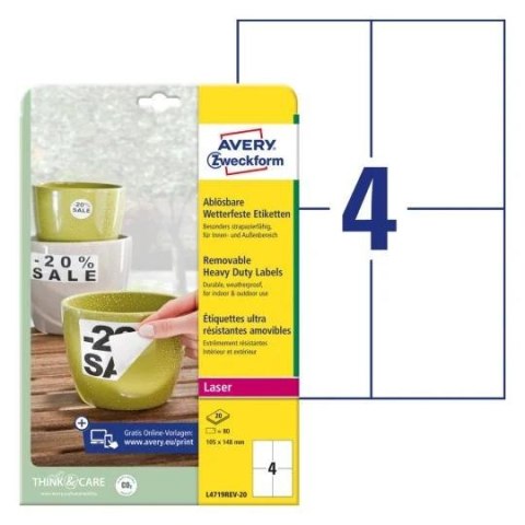 Etykiety foliowe białe 105x148mm (20 arkuszy=80etykiet) L4719REV-20 AVERY ZWECKFORM