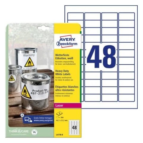 Etykiety foliowe białe HEAVY DUTY 45,7x21,2mm (8 arkuszy = 384 etykiety) L4778-8 AVERY ZWECKFORM