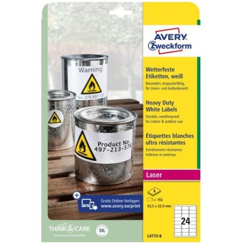 Etykiety foliowe białe HEAVY DUTY 63,5*33,9mm (8 arkuszy= 192 etykiety) L4773-8 AVERY ZWECKFORM