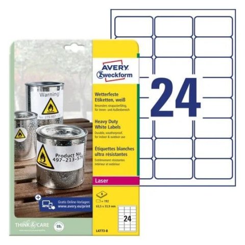 Etykiety foliowe białe HEAVY DUTY 63,5*33,9mm (8 arkuszy= 192 etykiety) L4773-8 AVERY ZWECKFORM