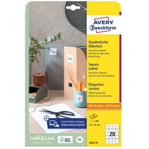 Etykiety kwadratowe 45x45mm (10 arkuszy=200 etykiet) 6252-10 AVERY ZWECKFORM