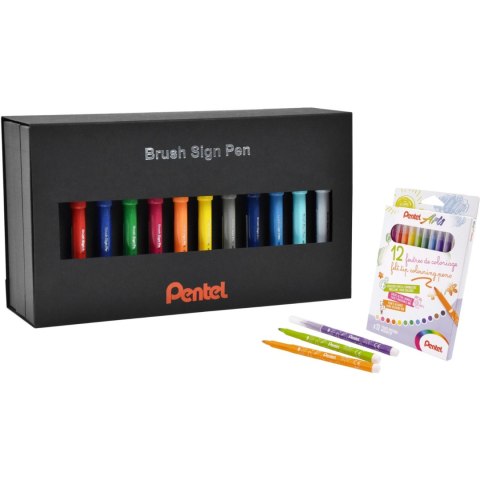 Komplet zestaw pisaków BRUSH PEN 36szt SES15C-ST36PL + flamastry ARTS 12kol SCS2E-12 PENTEL
