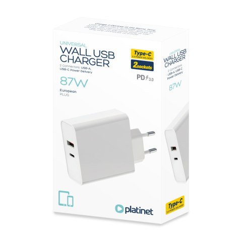 Ładowarka sieciowa 230V PLATINET 1xUSB-A + 1xUSB-C 87W biała (45768)
