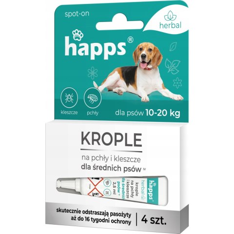 Krople na pchły i kleszcze dla średnich psów 10 - 20kg HAPPS Herbal