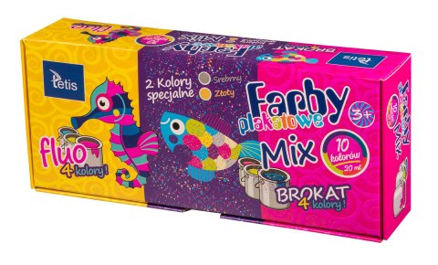 Farby plakatowe mix fluo/brokat 10ml. 10 kolorów KF004-C TETIS