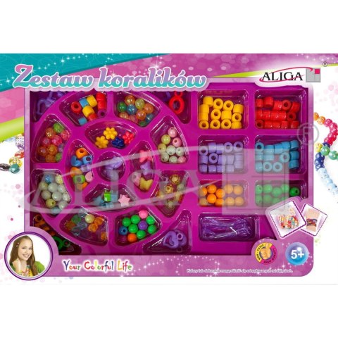 Zestaw koralików plastikowych mix kolorów i kształtów op. ok. 170szt.+2x 120cm żyłka PJ-1985 ALIGA