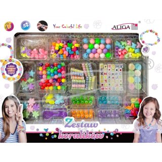 Zestaw koralików plastikowych mix kolorów i kształtów op. ok. 230szt.+2x 120cm żyłka PJ-2036 ALIGA