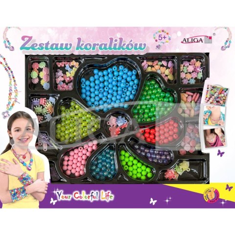 Zestaw koralików plastikowych mix kolorów i kształtów op. ok. 450szt.+2x 120cm żyłka PJ-2012 ALIGA