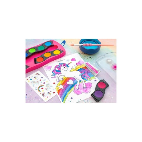 Farby szkolne akwarelowe 12 kolorów + brokat + naklejki, różowa kasetka 125002 FABER-CASTELL