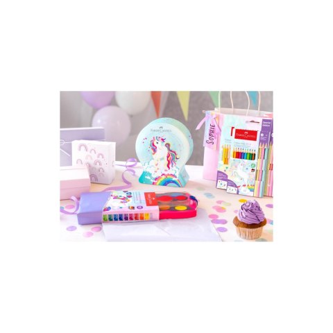 Farby szkolne akwarelowe 12 kolorów + brokat + naklejki, różowa kasetka 125002 FABER-CASTELL