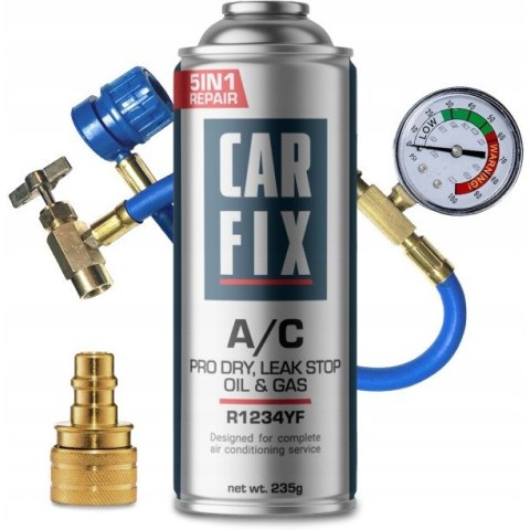 Zestaw do napełniania klimatyzacji CARFIX 5w1 235g R1234yf + przewód z manometrem + adapter YF